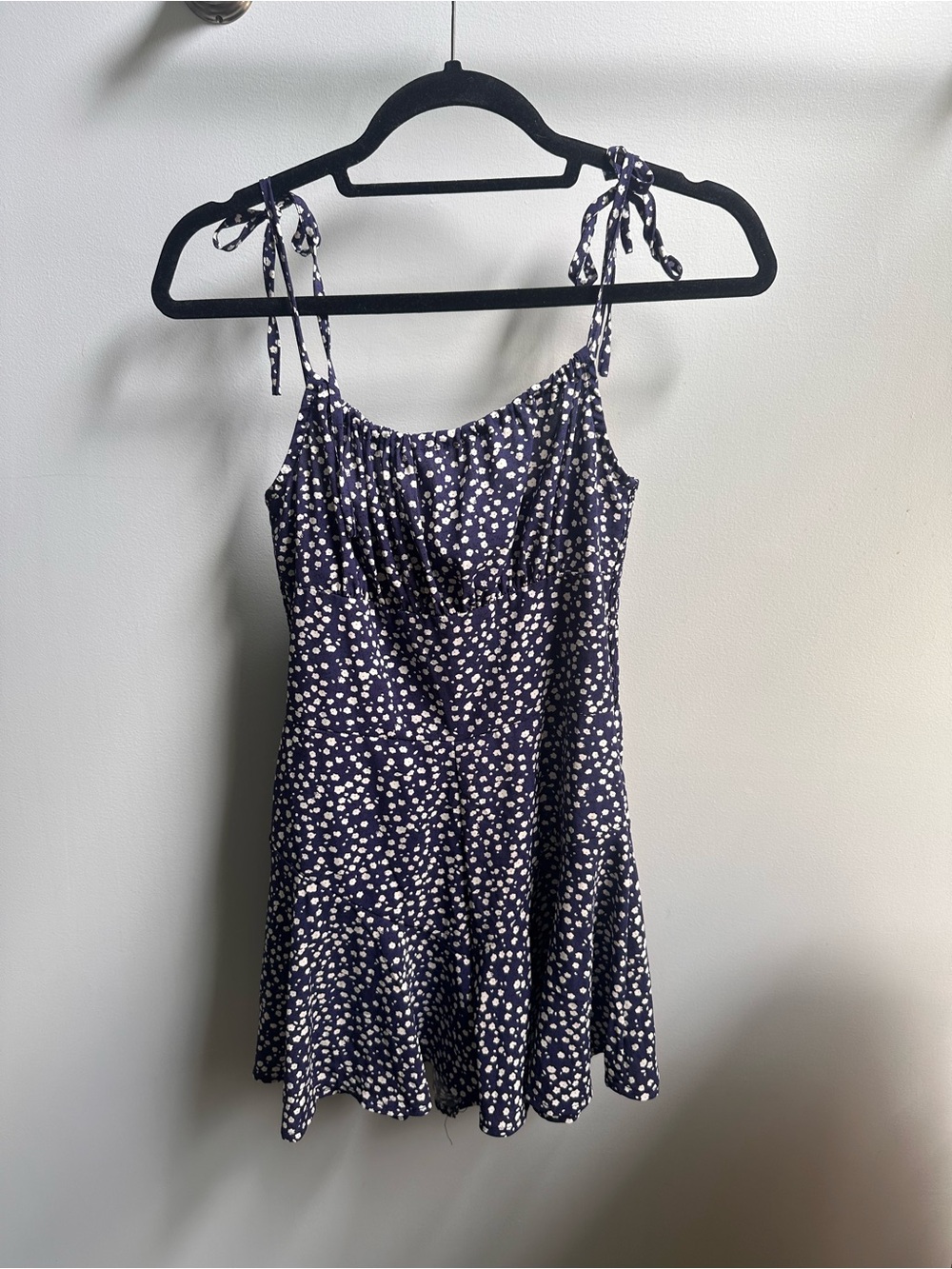 Navy Blue Tie-Shoulder Polka Dot Flowy Romper